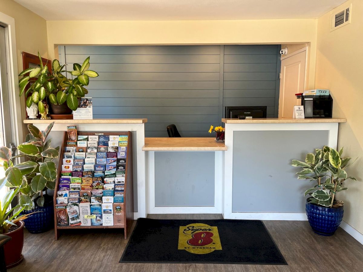 A reception area with a counter, brochure stand, and potted plants. A mat with a logo is on the floor in front of the counter.