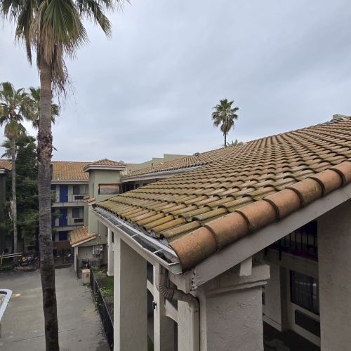 A complex with tile roofs, palm trees, and a concrete courtyard is visible under a cloudy sky, creating a tranquil residential scene.