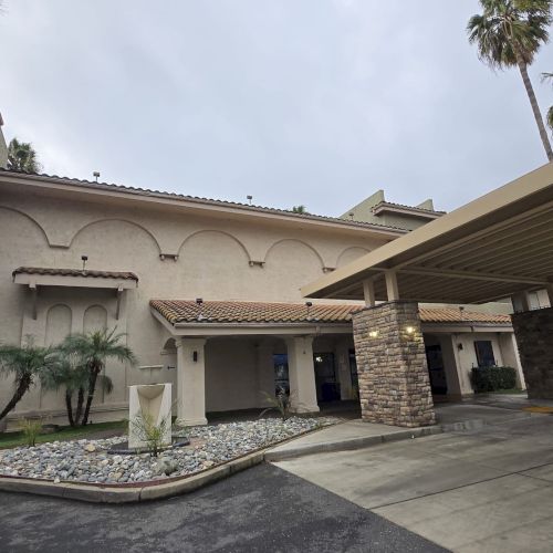 A building with an arched design, a covered entrance, and palm trees nearby, under a gray sky.