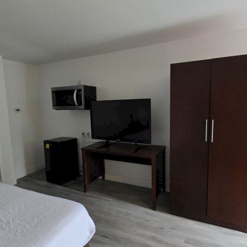 A hotel room with a bed, TV, fridge, microwave, wardrobe, floor lamp, and blue door. The entrance to a bathroom is in the left corner.