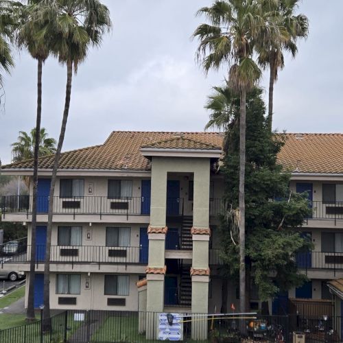An apartment building with palm trees in front, featuring a cloudy sky in the background.