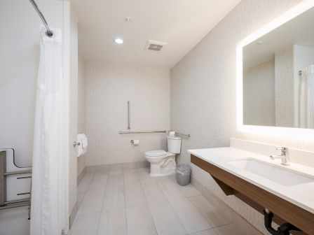 A modern, accessible bathroom with a large illuminated mirror, a long vanity with a white sink, a toilet, a grab bar, and a shower area with a curtain.