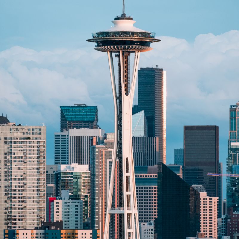 The image shows the Seattle skyline with the Space Needle prominently in the foreground and other buildings in the background.